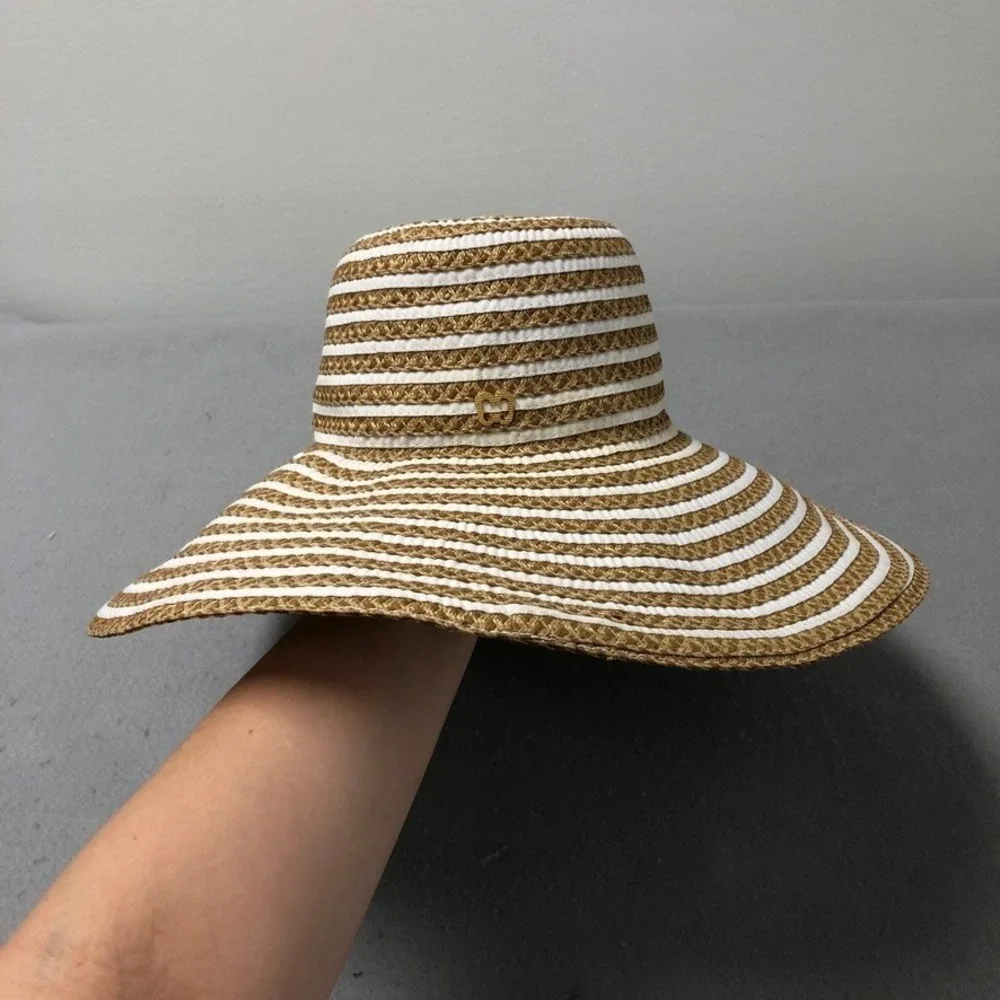 Eric Javits Sun Hat Womens O/S Tan White Striped Squishee Wide Brim UPF 50+ - Picture 2 of 8